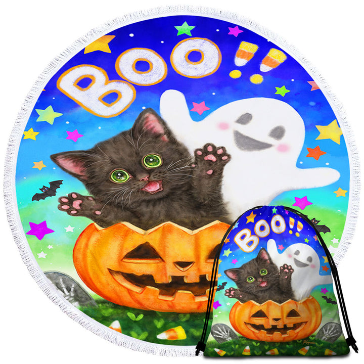 Cute Halloween Design Circle Beach Towel with Pumpkin Ghost and Cat