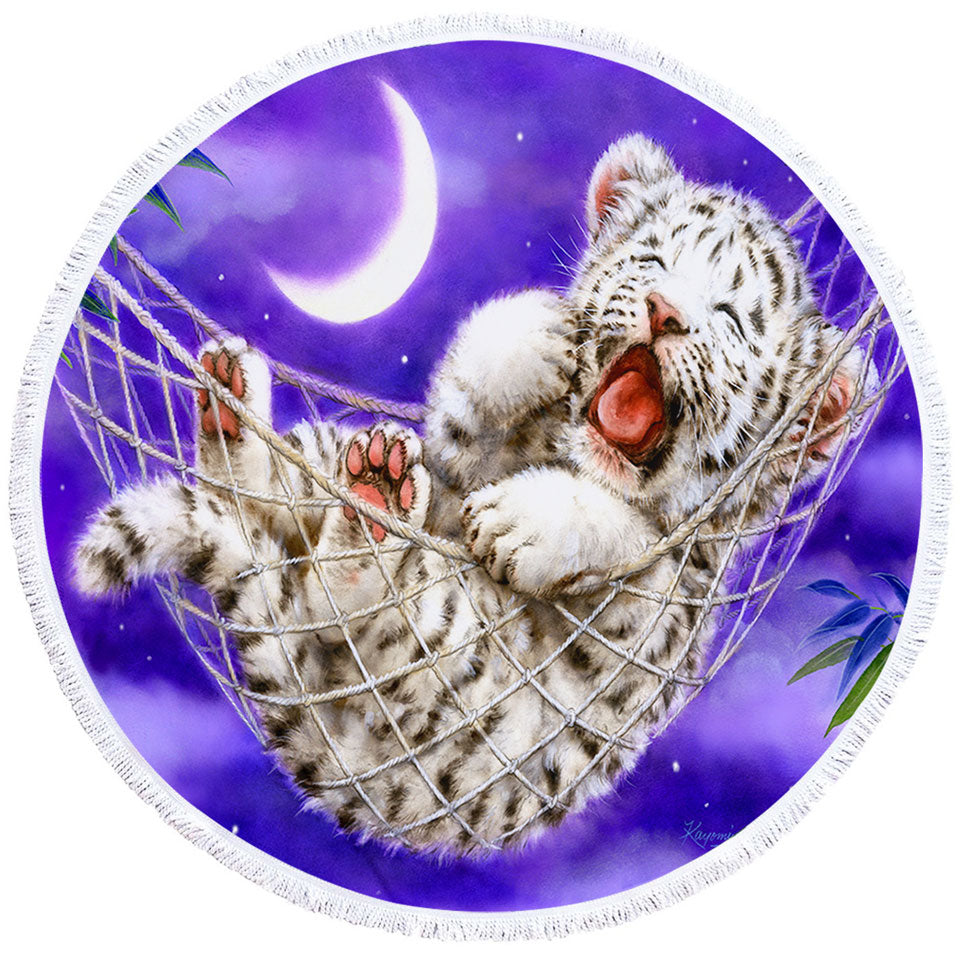 Cute Hammock White Tiger Cub Round Beach Towel