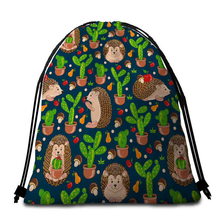 Cute Hedgehog and Cactus Beach Towel Bags