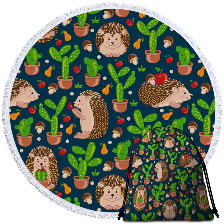 Cute Hedgehog and Cactus Round Beach Towel