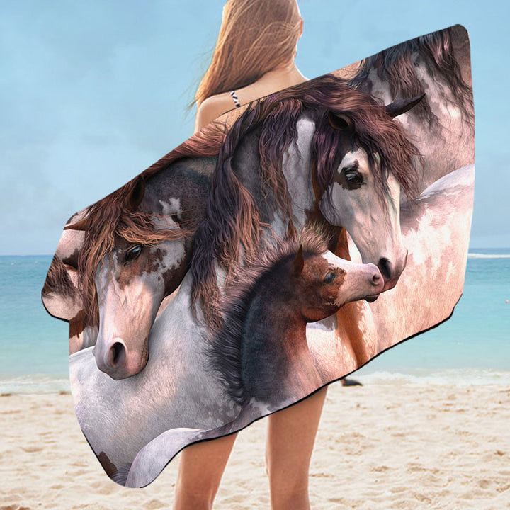 Cute Horses Art Beautiful Horse Family Microfiber Beach Towel