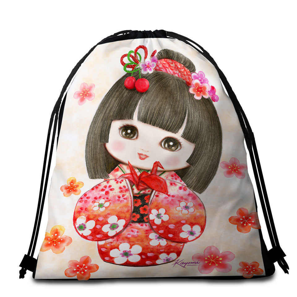 Cute Japanese Girl Beach Towel Pack Wearing Red Kimono