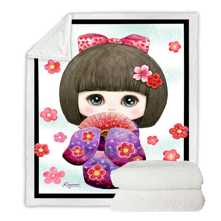 Cute Japanese Girl Blankets Wearing Kimono and Folding Fan