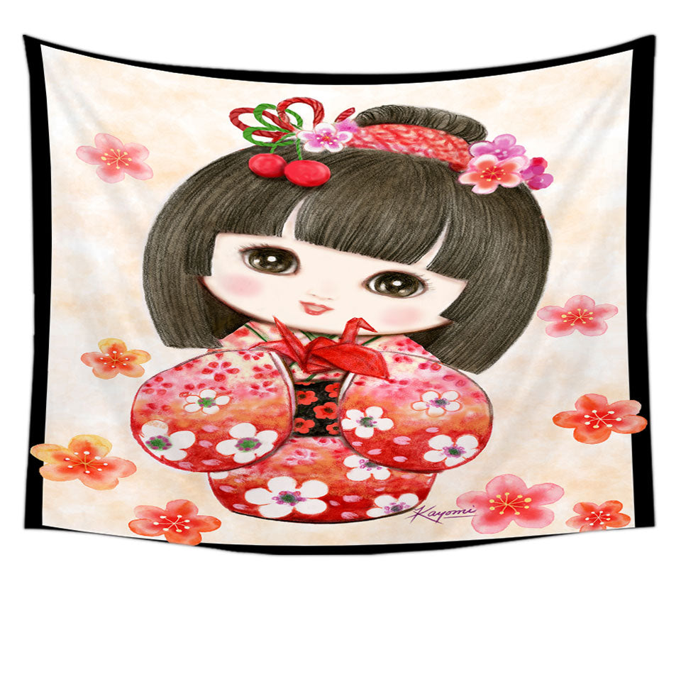 Cute Japanese Girl Tapestry Wall Hanging Wearing Red Kimono