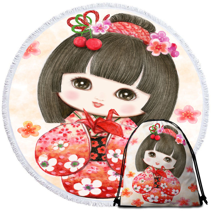 Cute Japanese Girl Travel Beach Towel Wearing Red Kimono