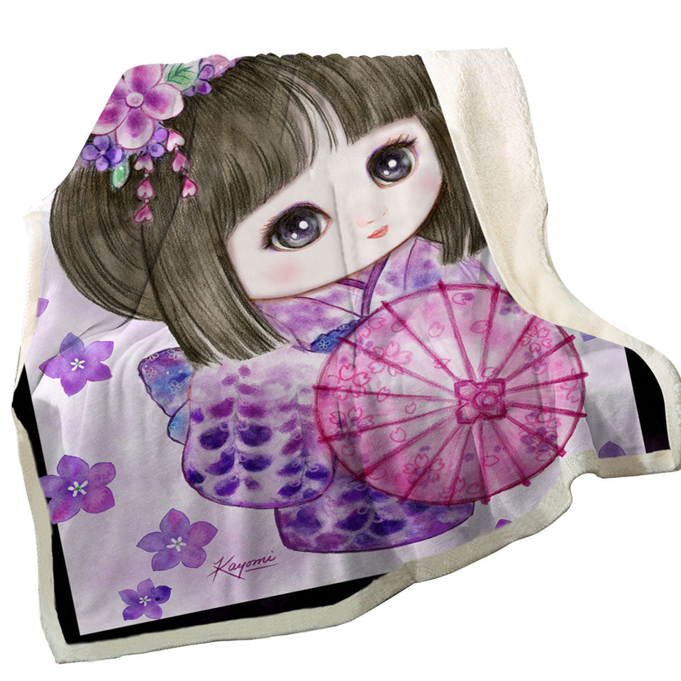 Cute Japanese Girl Wearing Purple Kimono Sherpa Blanket