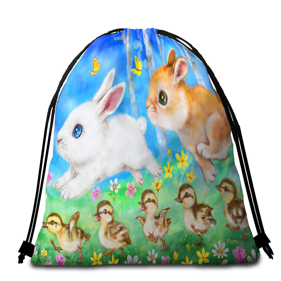 Cute Kids Beach Towel Bags Art Designs Ducklings and Bunnies