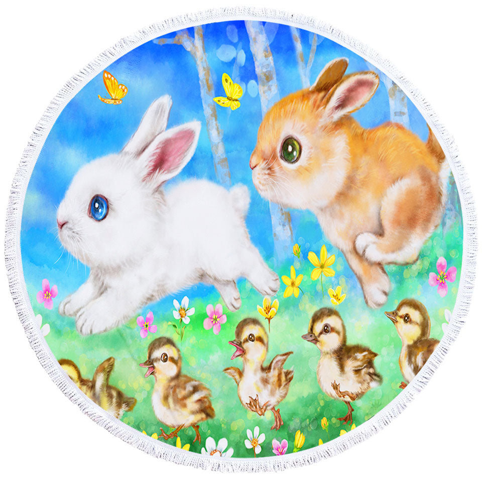 Cute Kids Beach Towels Art Designs Ducklings and Bunnies