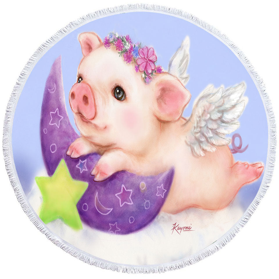 Cute Kids Beach Towels Design Purple Moon Angel Pig Beach Towels and Bags Set