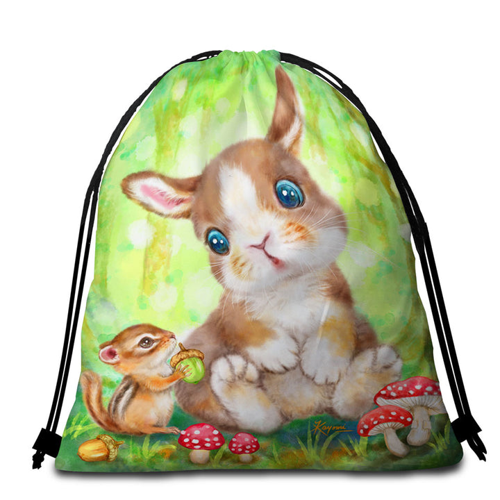 Cute Kids Drawings Mushrooms Bunny and Chipmunk Beach Towel Bags