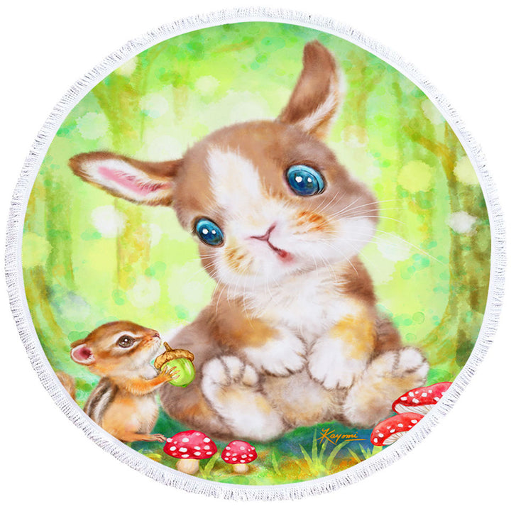 Cute Kids Drawings Mushrooms Bunny and Chipmunk Round Beach Towel