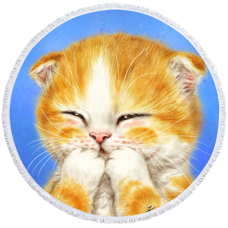 Cute Kids Round Beach Towels Designs Adorable Shy Ginger Cat