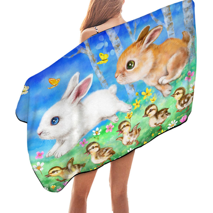 Cute Kids Swimming Towels Art Designs Ducklings and Bunnies