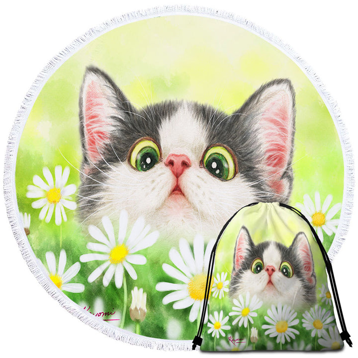 Cute Kitty Cat in the Daisy Flower Garden Beach Towels