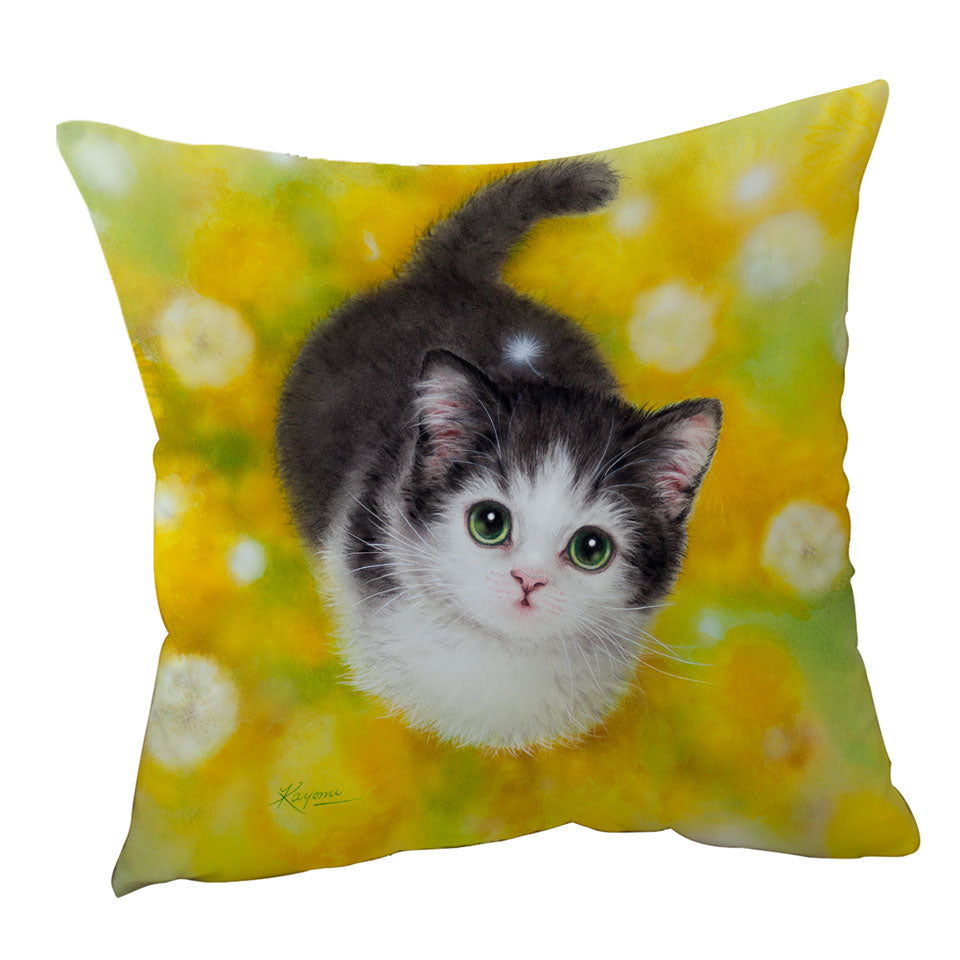 Cute Kitty Cat in the Dandelion Flower Garden Cushion Covers