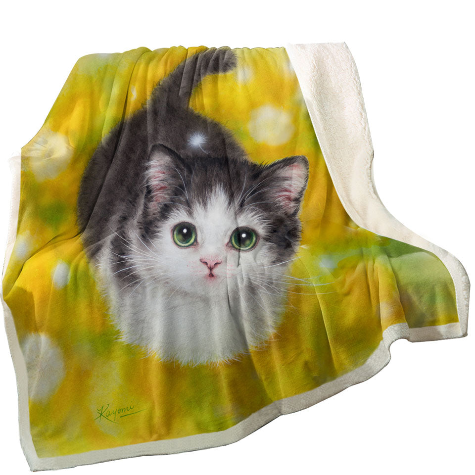 Cute Kitty Cat in the Dandelion Flower Garden Fleece Blankets