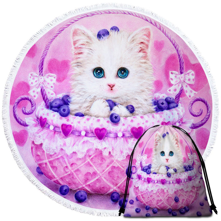 Cute Microfibre Beach Towels Designs for Girls Kitten in Blueberry Basket