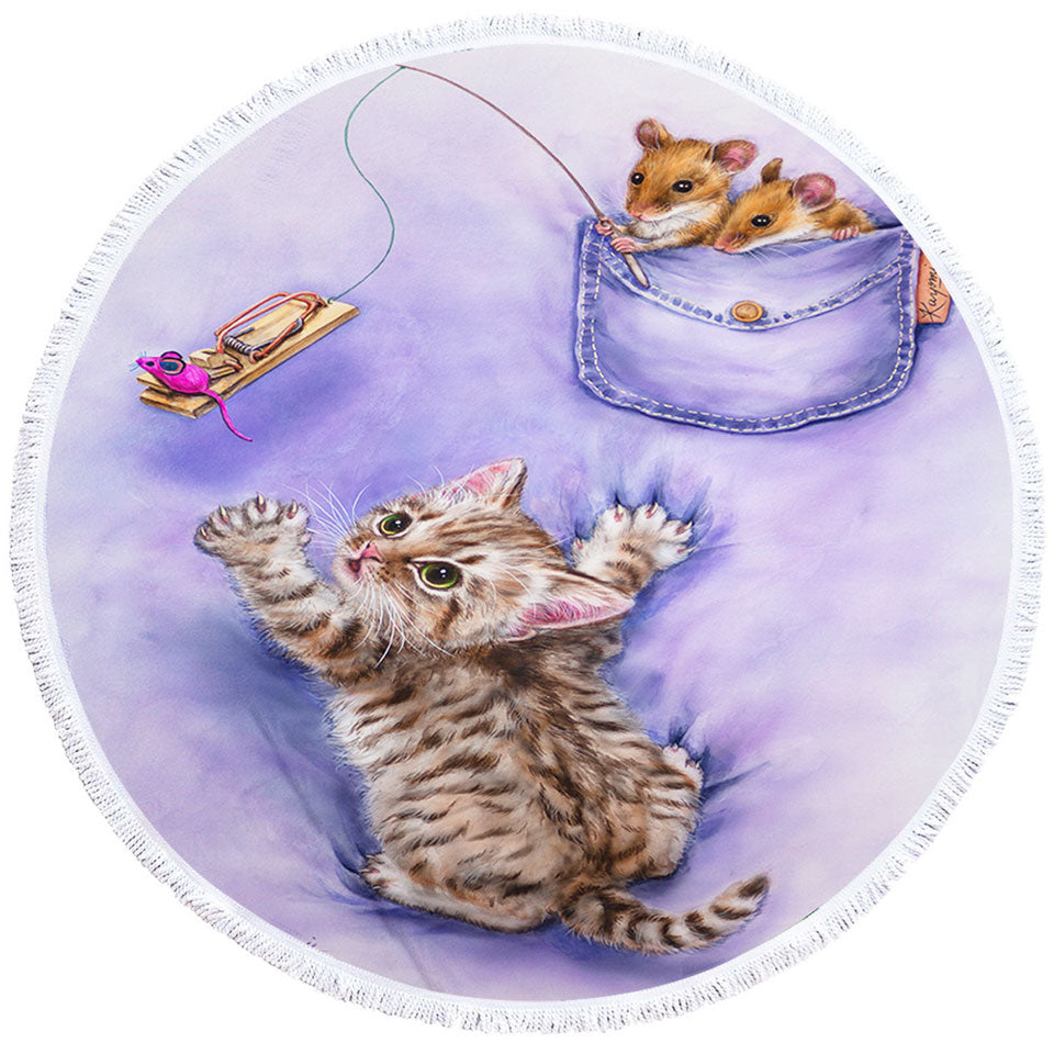 Cute Purple Nice Beach Towels Art Tabby Kitten and Mice