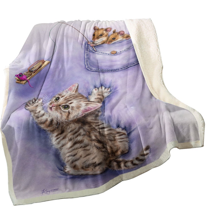 Cute Purple Sherpa Throws Art Tabby Kitten and Mice