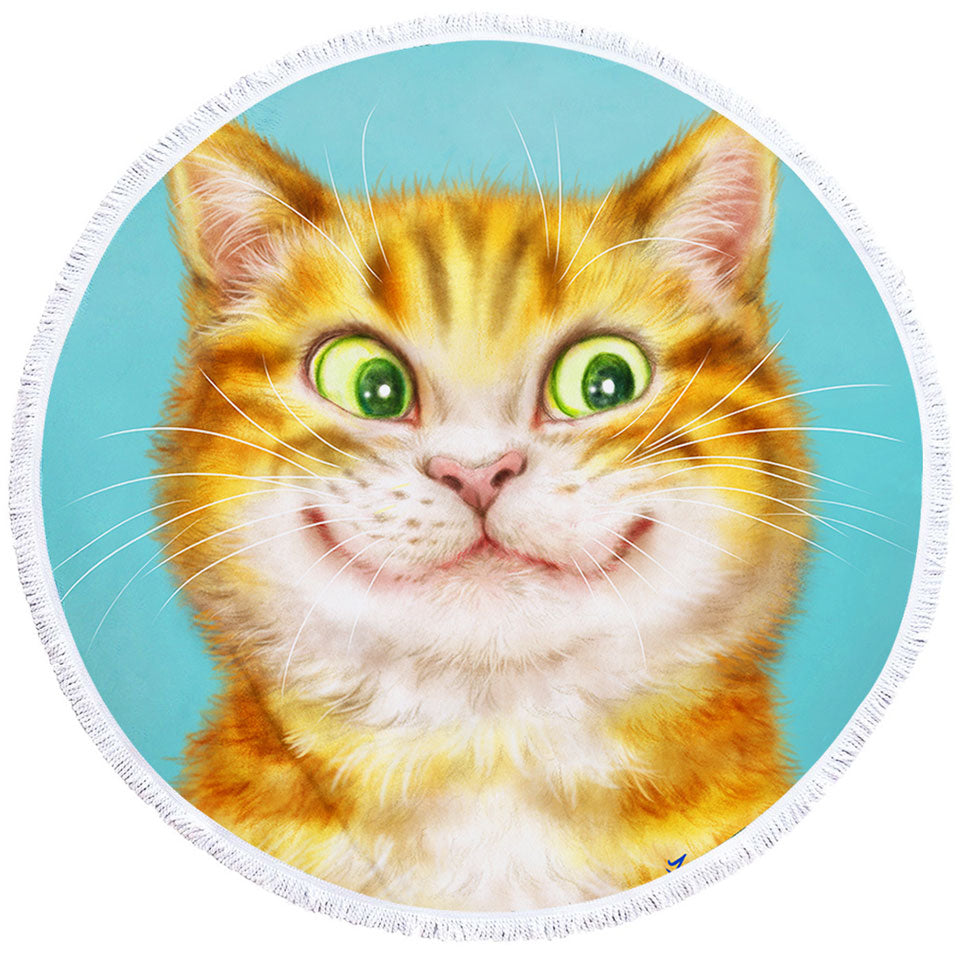 Cute Round Beach Towel Cats Art Happy Ginger Kitten