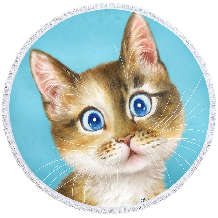 Cute Round Beach Towel Paintings for Kids Blue Eye Kitty Cat