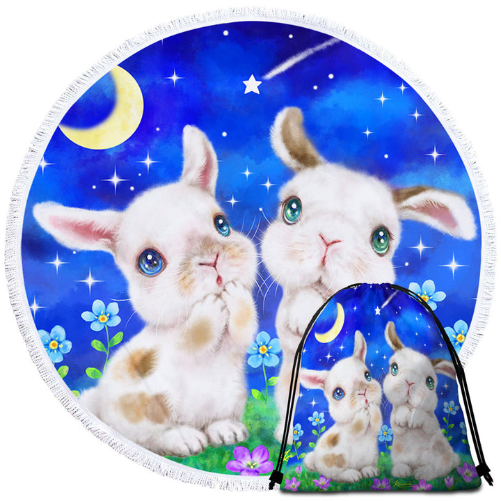 Cute Round Beach Towel for Kids Art Designs Starry Night Bunnies