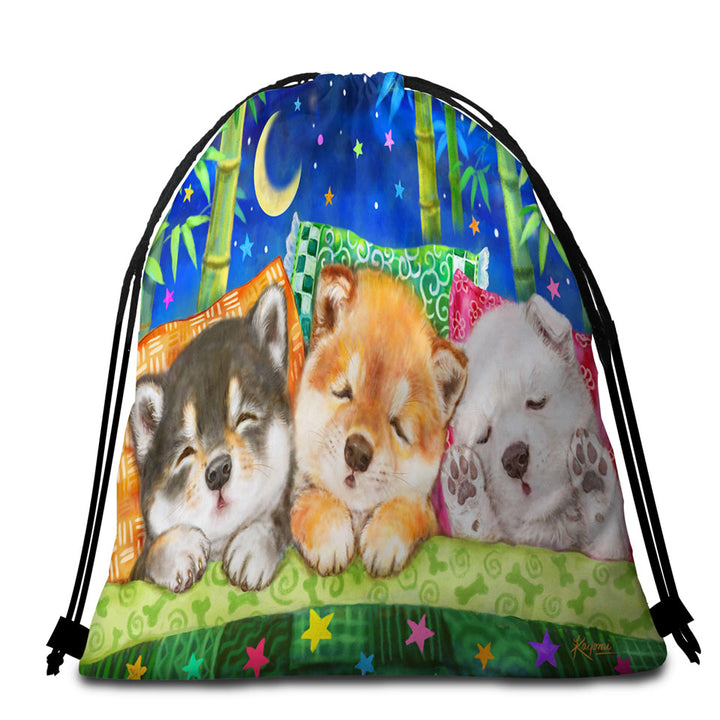 Cute Shiba Inu Dog Puppies Beach Towels and Bags set Sleeping