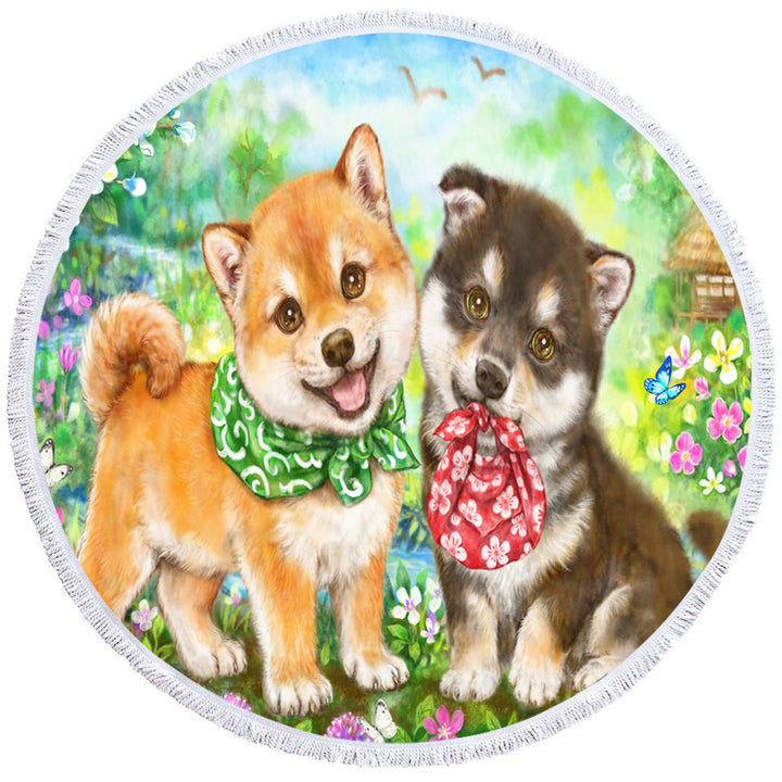 Cute Shiba Inu Dog Puppies Circle Beach Towel Flower Garden