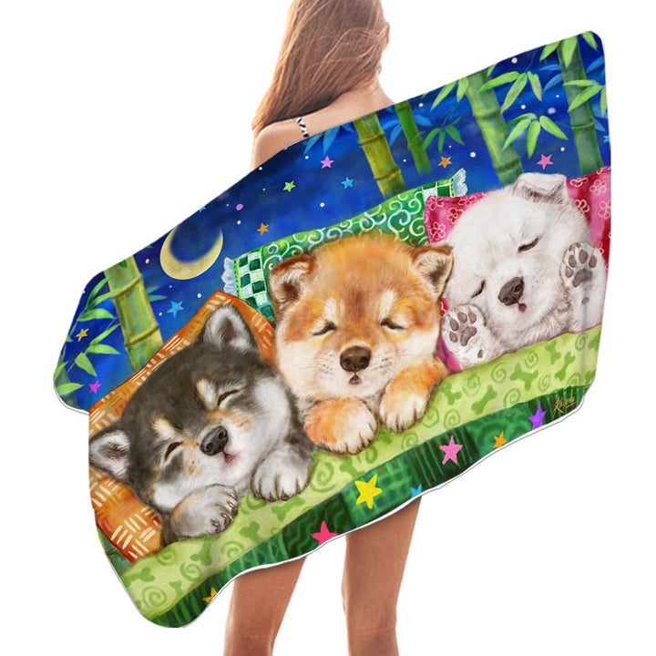 Cute Shiba Inu Dog Puppies Pool Towels Sleeping