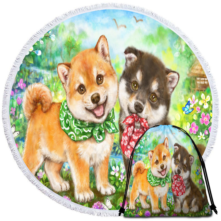 Cute Shiba Inu Dog Puppies Round Beach Towel Flower Garden