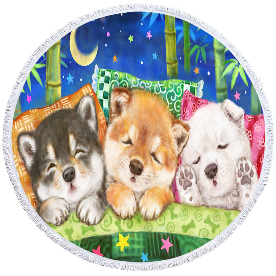 Cute Shiba Inu Dog Puppies Round Towel Sleeping