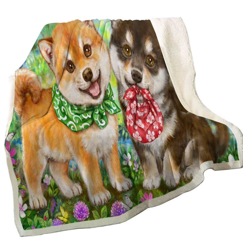 Cute Shiba Inu Dog Puppies Throws Flower Garden