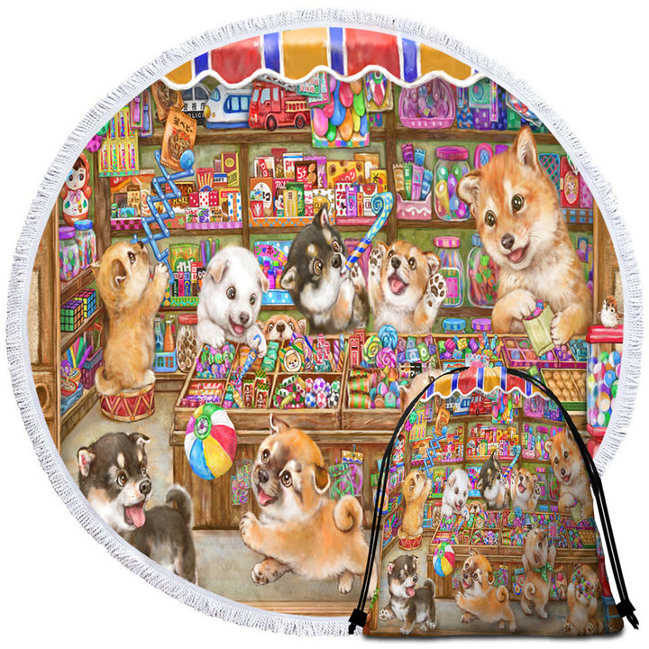 Cute Shiba Inu Dog Puppies in Candy Store Circle Beach Towel