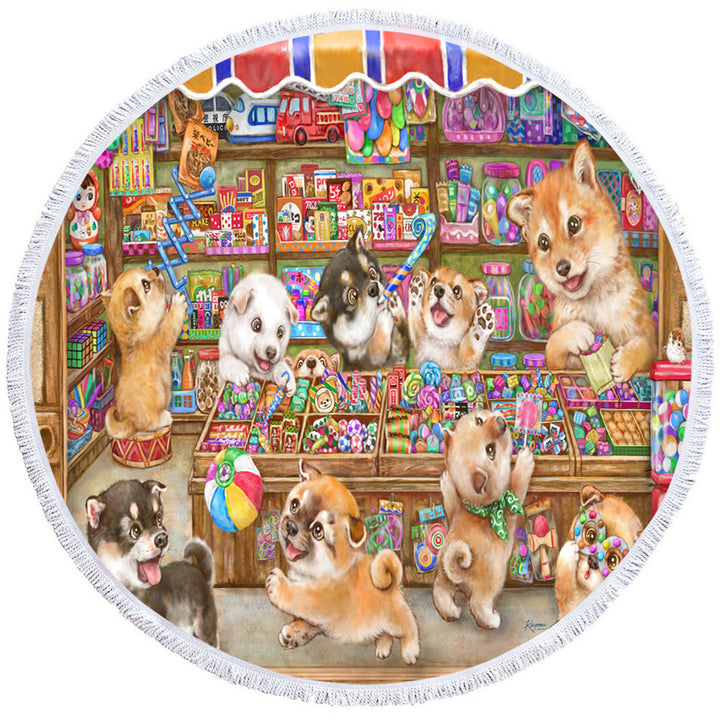 Cute Shiba Inu Dog Puppies in Candy Store Round Beach Towel