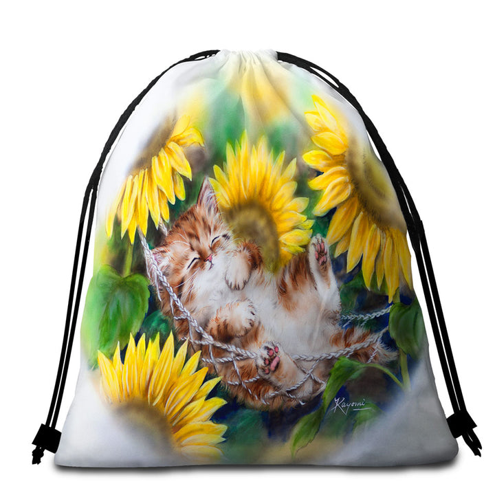 Cute Sleeping Ginger Kitten Sunflower Packable Beach Towel