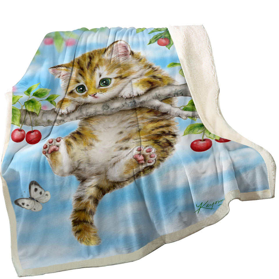 Cute Tabby Kitten Cat on a Cherry Tree Sherpa Blanket