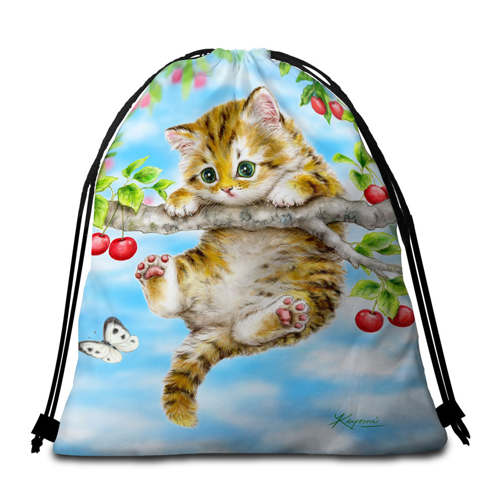 Cute Tabby Kitten Cat on a Cherry Tree Unusual Beach Towels