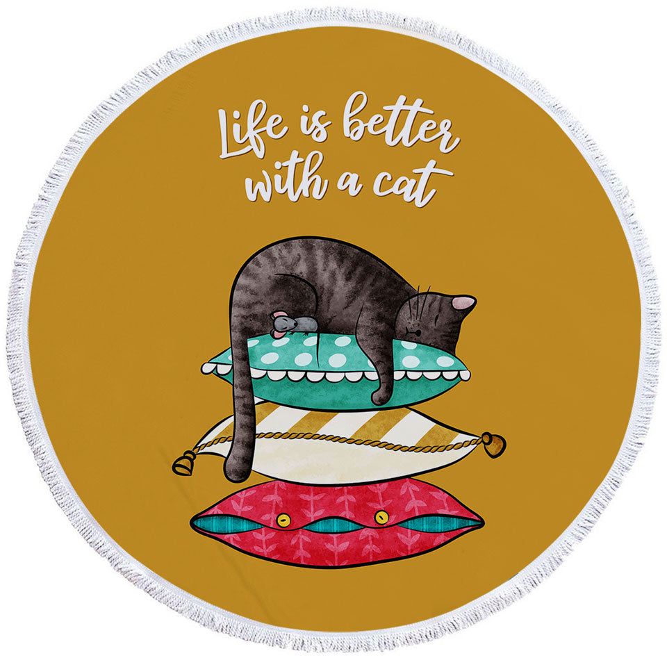 Cute and Funny Slapping Cat Circle Beach Towel