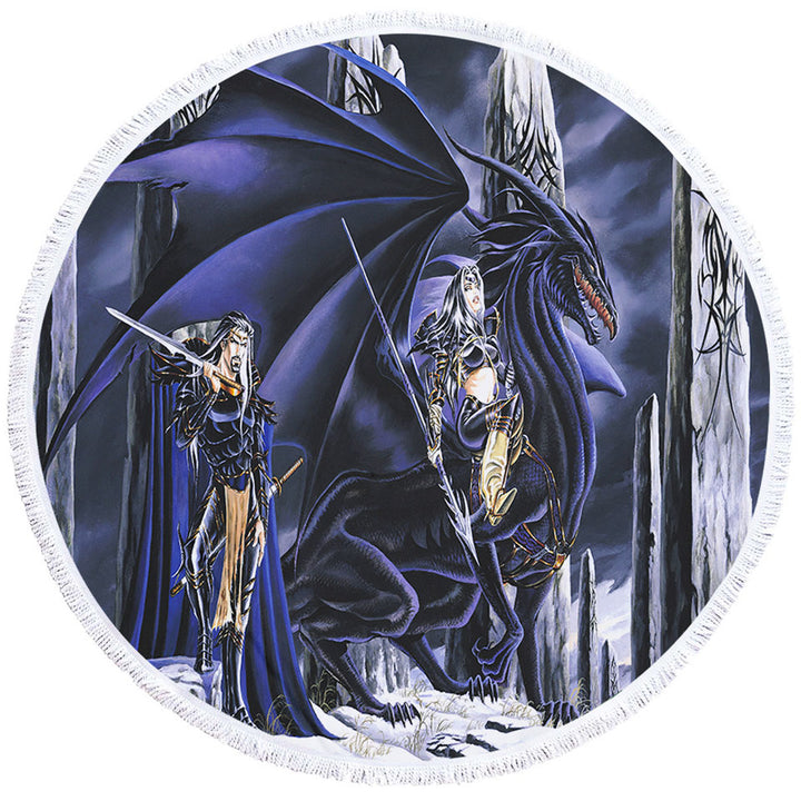 Dark Art Round Beach Towel Dead of Winter Dragon and Warriors