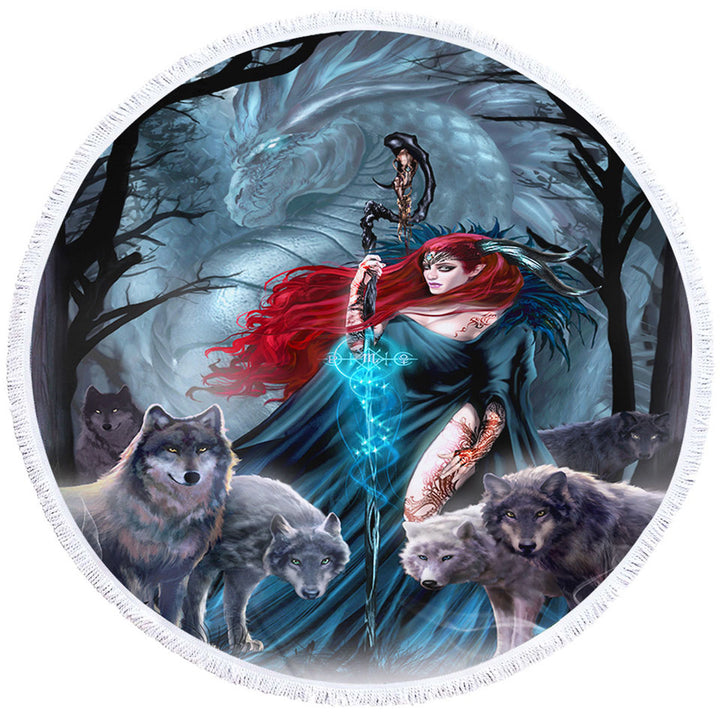 Dark Forest Redhead Witch Dragon and Wolves Circle Beach Towel