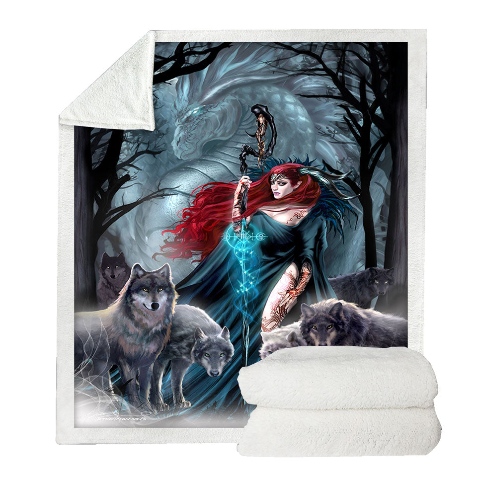 Dark Forest Redhead Witch Dragon and Wolves Couch Throws