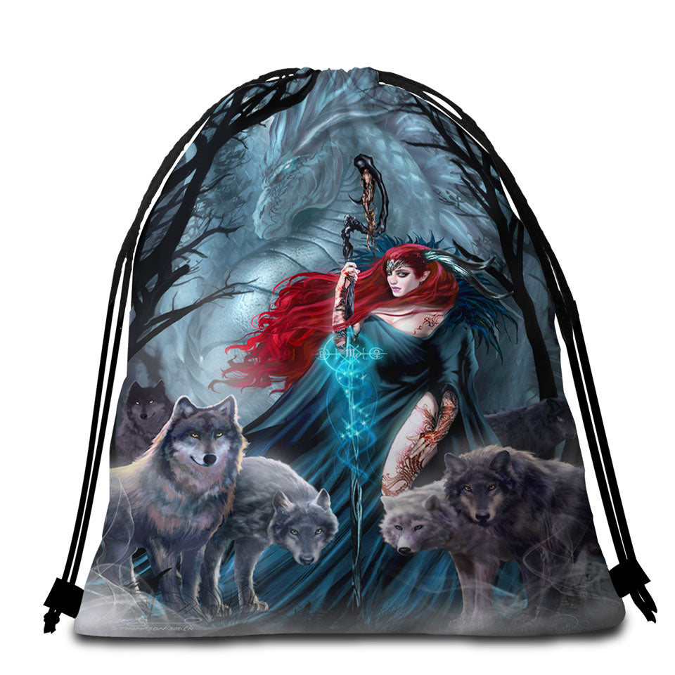 Dark Forest Redhead Witch Dragon and Wolves Packable Beach Towel for Travel