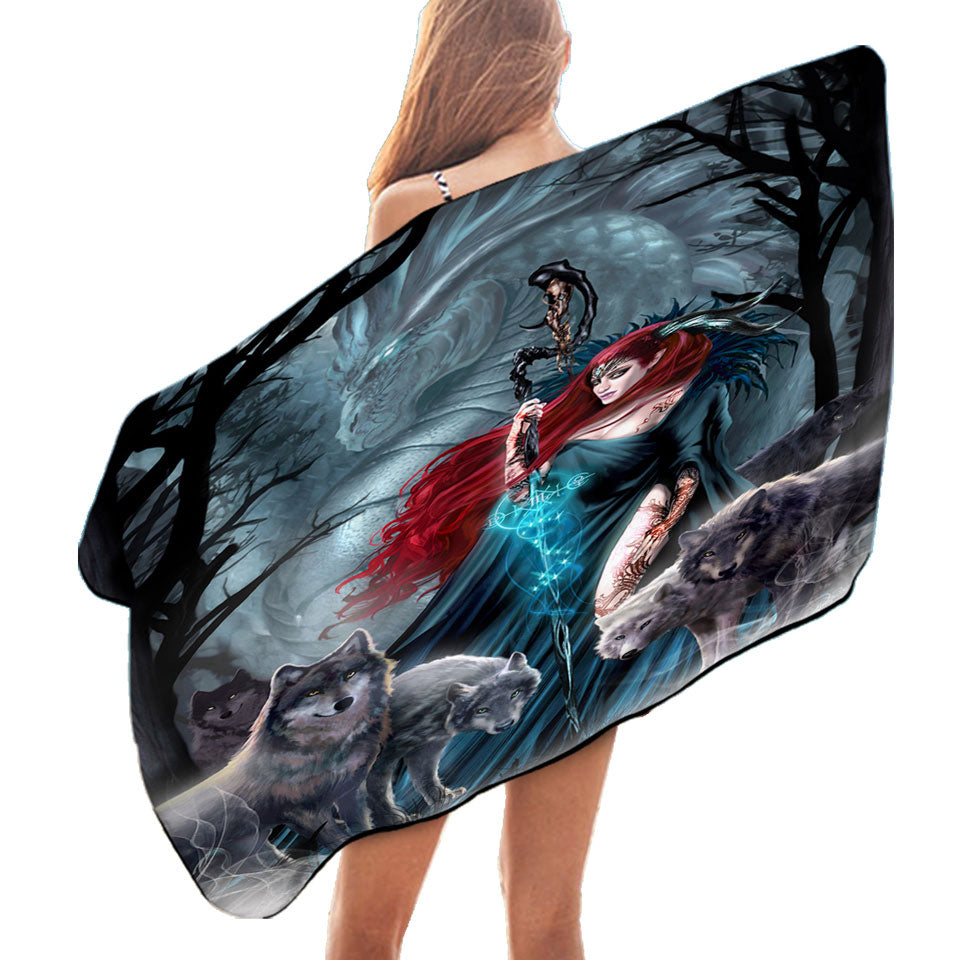 Dark Forest Redhead Witch Dragon and Wolves Pool Towels