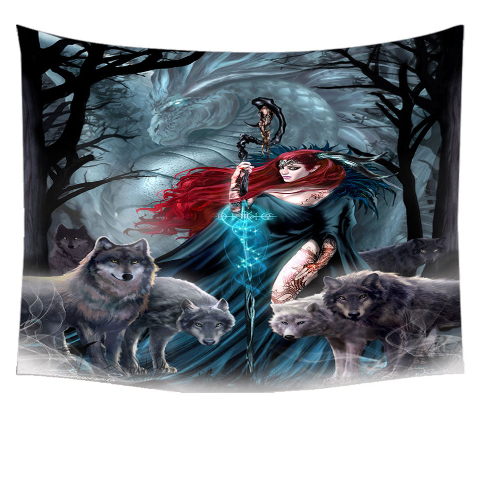 Dark Forest Redhead Witch Dragon and Wolves Tapestry