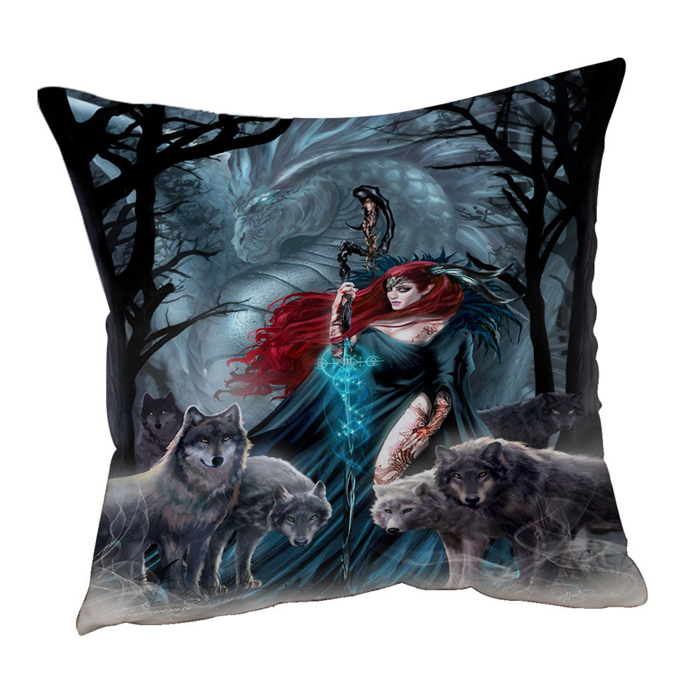 Dark Forest Redhead Witch Dragon and Wolves Throw Pillows