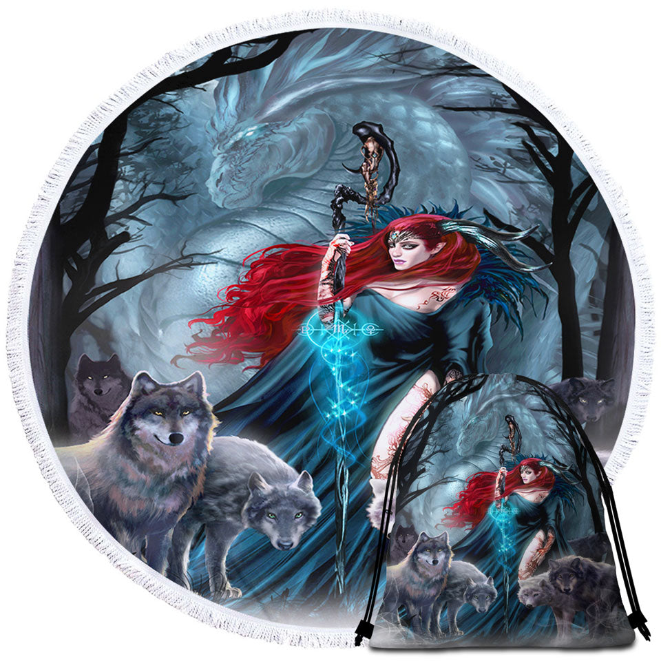 Dark Forest Redhead Witch Dragon and Wolves Travel Beach Towel