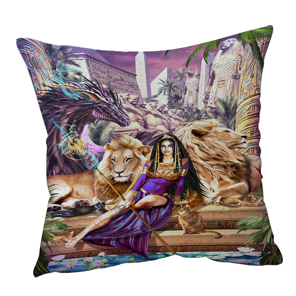 Egyptian Art Lions Dragon and Princess Cleopatra Cushion Cover