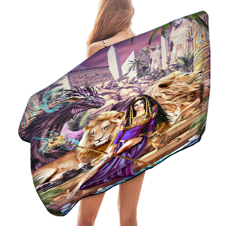 Egyptian Art Lions Dragon and Princess Cleopatra Pool Towels