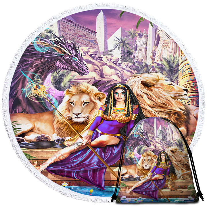 Egyptian Art Lions Dragon and Princess Cleopatra Round Beach Towel