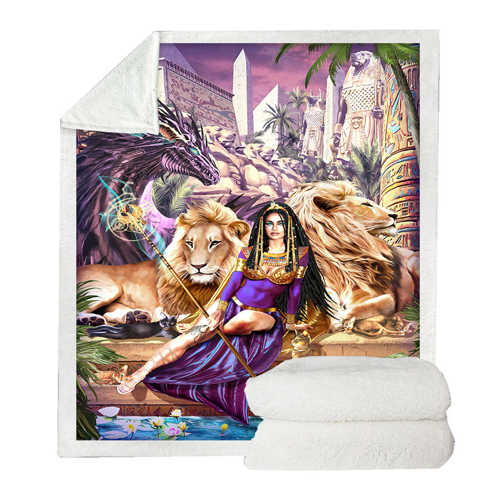 Egyptian Art Lions Dragon and Princess Cleopatra Sherpa Blanket